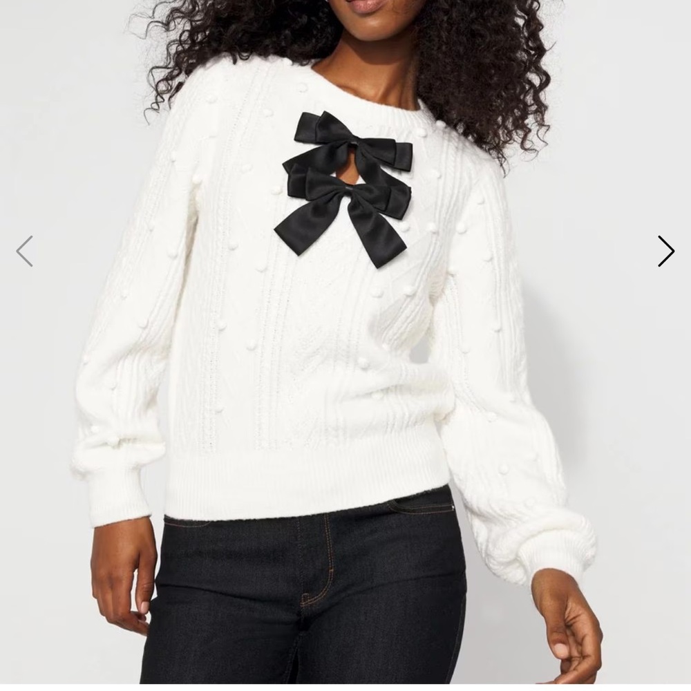 White House Black Market White Sweater with Black Bow
